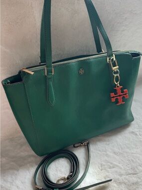 Tory Burch Green Saffiano Shoulder Tote with Red Logo Charm